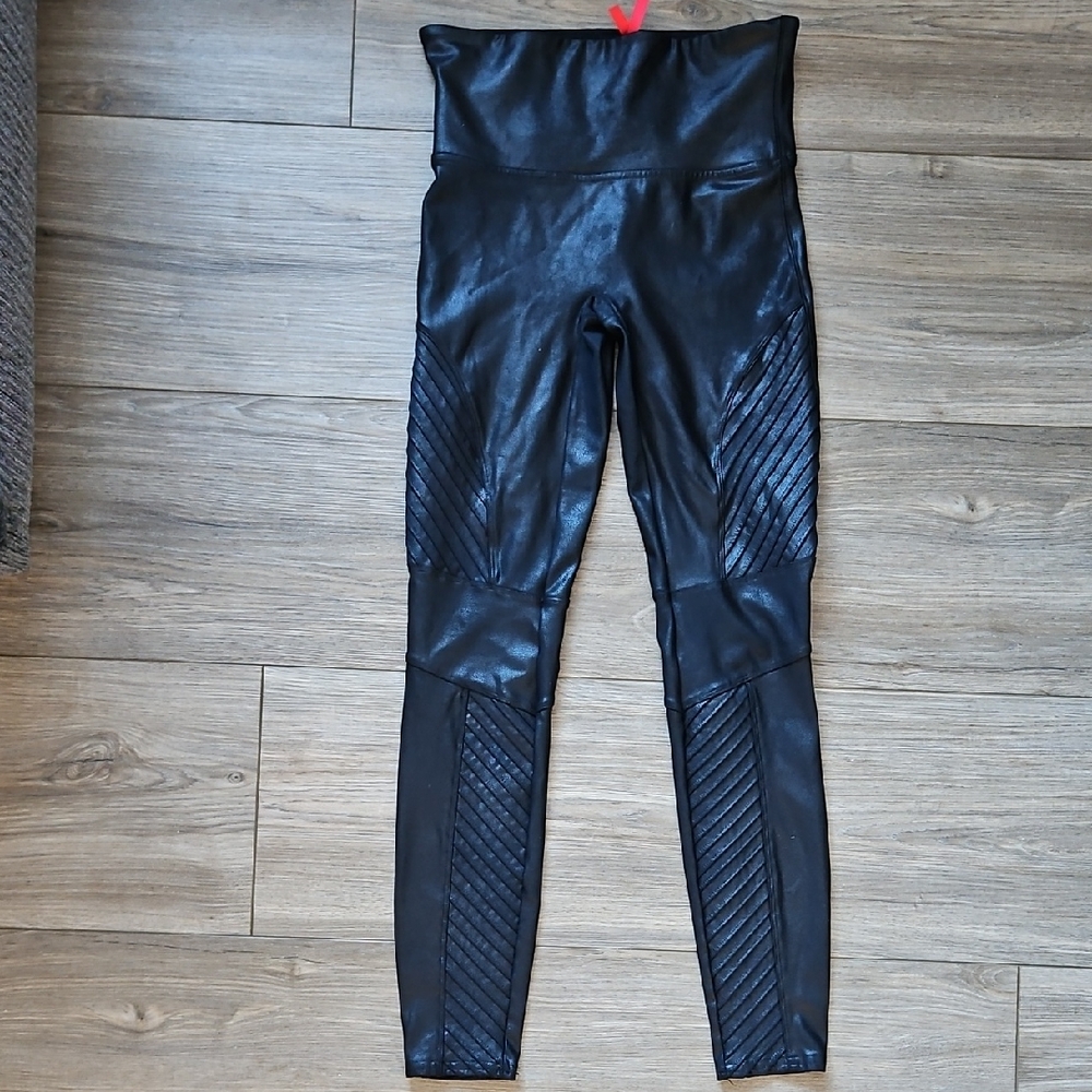 SPANX High Waisted Moto Faux Leather Leggings with Red Brand Tag